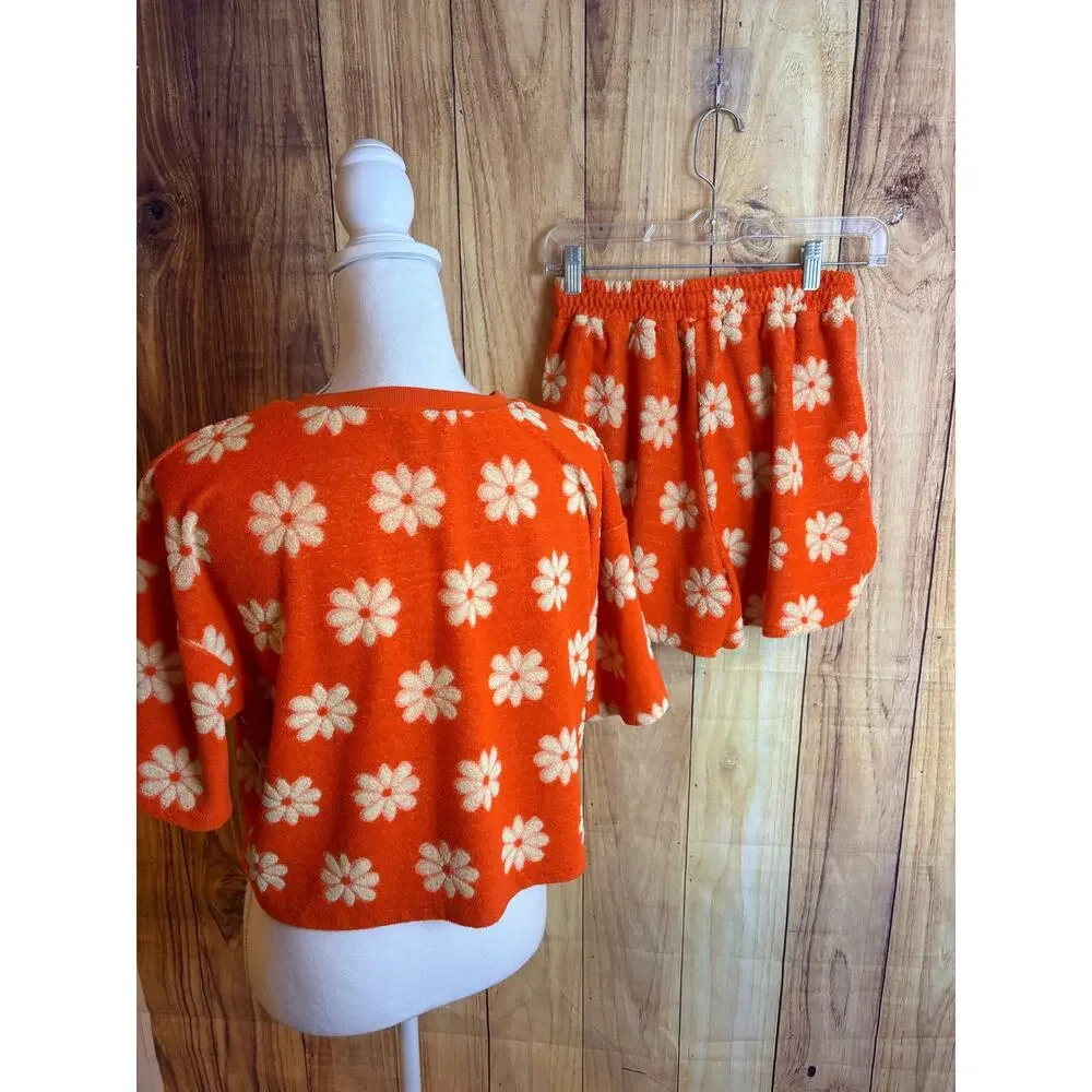 New In Orange Daisy Terry Cloth Short Top Set Swimsuit Coverup Women's Size M - Picture 2 of 9